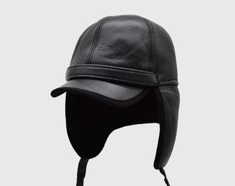 Genuine Leather Black Biker Hat, Genuine Leather Pilot Hat, Unisex Sheepskin Hat, Handmade Leather Aviator Hat, Winter Motorcycle Cap