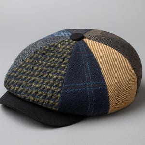 Gorra de vendedor de periódicos de tweed de lana: gorra plana irlandesa con parches únicos