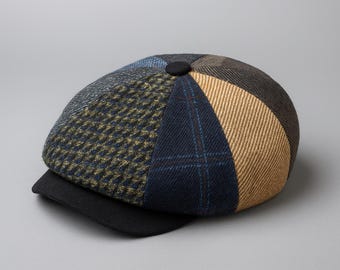 Gorra Newsboy de lana tweed - Gorra plana irlandesa única con patchwork