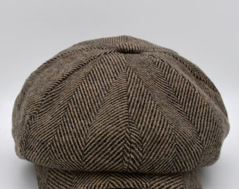 Brown Herringbone Cap, Mens Newsboy Hat, Winter Hat, Wool Brown Herringbone Cap, Mens Newsboy Hat, Winter Hat, Wool