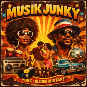 May include: Retro-style album cover with the text "MUSIK JUNKY" in orange and yellow. The image features illustrations of people, a boombox, a record, a car, and a disco ball. The banner at the bottom reads "FUNK • OLDIES MIXTAPE".