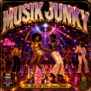 Puede incluir: Una portada de álbum musical titulada MUSIK JUNKY que muestra a un grupo de personas patinando sobre una pista de baile de madera bajo una bola de discoteca. El texto dice 20 FUNKY DISCO CLASSICS NON-STOP MIX y The Best Of 70's Disco Funk!.