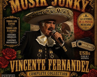 May include: A digital music collection featuring Vicente Fernandez, depicted in a charro suit and sombrero, with the text MUSIK JUNKY, VINCENTE FERNANDEZ, COMPLETE COLLECTION, and a USB drive. The background displays the Mexican flag and red roses.