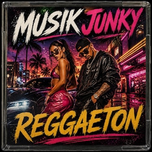 May include: A square CD case featuring a graphic illustration of two individuals standing before a dark car and neon-lit city street. The text MUSIK JUNKY appears in white and pink at the top, with the word REGGAETON in yellow at the bottom.