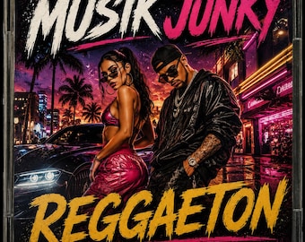 May include: A square CD case featuring a graphic illustration of two individuals standing before a dark car and neon-lit city street. The text MUSIK JUNKY appears in white and pink at the top, with the word REGGAETON in yellow at the bottom.