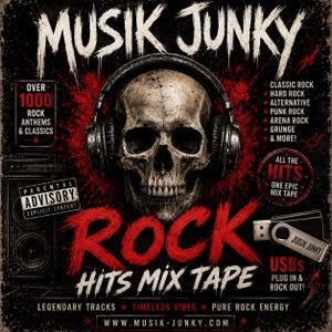 Peut inclure: Un design graphique noir et rouge représentant un crâne humain portant un casque audio. Le texte inclut MUSIK JUNKY, ROCK HITS MIX TAPE, OVER 1000 ROCK ANTHEMS & CLASSICS, PARENTAL ADVISORY EXPLICIT CONTENT et une clé USB marquée JUSIK JUNKY.