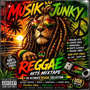 Puede incluir: Una portada de álbum de música digital con un león con rastas y gafas de sol, sobre un fondo de playa al atardecer. El texto dice MUSIK JUNKY, REGGAE HITS MIXTAPE, e incluye un gráfico de una unidad USB con el texto MUSIK JUNKY.
