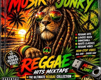 May include: A digital music album cover featuring a lion with dreadlocks wearing sunglasses, set against a sunset beach background. The text reads MUSIK JUNKY, REGGAE HITS MIXTAPE, and includes a USB drive graphic with the text MUSIK JUNKY.