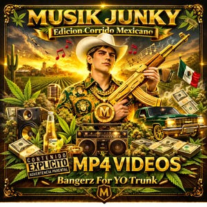 May include: Album cover art with the text "MUSIK JUNKY" and "Edicion Corrido Mexicano." A man in a cowboy hat holds a gold-colored rifle. The image includes a green truck, stacks of cash, and marijuana leaves.