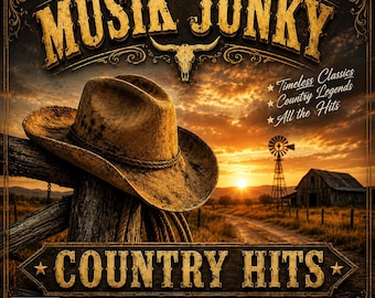 Könnte beinhalten: Ein brauner Cowboyhut auf einem hölzernen Zaunpfahl vor einer Sonnenuntergangslandschaft mit Scheune und Windmühle. Der Text lautet MUSIK JUNKY, COUNTRY HITS, Timeless Classics, Country Legends, All the Hits, PARENTAL ADVISORY und BANGERZ FOR YO TRUNK.