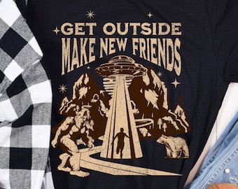 Retro Hiking shirt,funny alien t shirt,alien space shirt,UFO Alien tshirt,Big foot camping shirt,Mountains Shirt,Adventure tee,Funny Camping