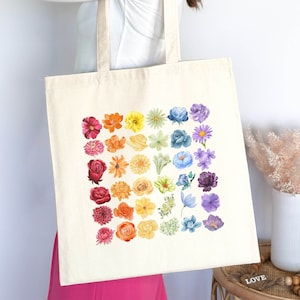 Borsa arcobaleno orgoglio Wildflower, borsa tote orgoglio floreale, borsa tote orgoglio gay, tote regalo orgoglio lgbt, borsa tote lesbica floreale, borsa tote trans