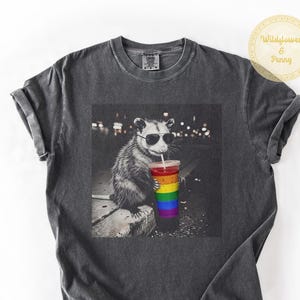 May include: Dark gray t-shirt featuring a black and white image of an opossum wearing sunglasses and drinking from a rainbow-colored cup. The shirt has a crew neck and short sleeves. The text "Wildflower & Penny" is on the upper right.