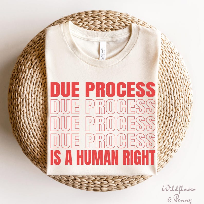 Op de afbeelding: Een beige T-shirt met de tekst "DUE PROCESS" die vier keer in het rood wordt herhaald, gevolgd door "IS A HUMAN RIGHT" in het rood. Het shirt ligt op een geweven strooppervlak.