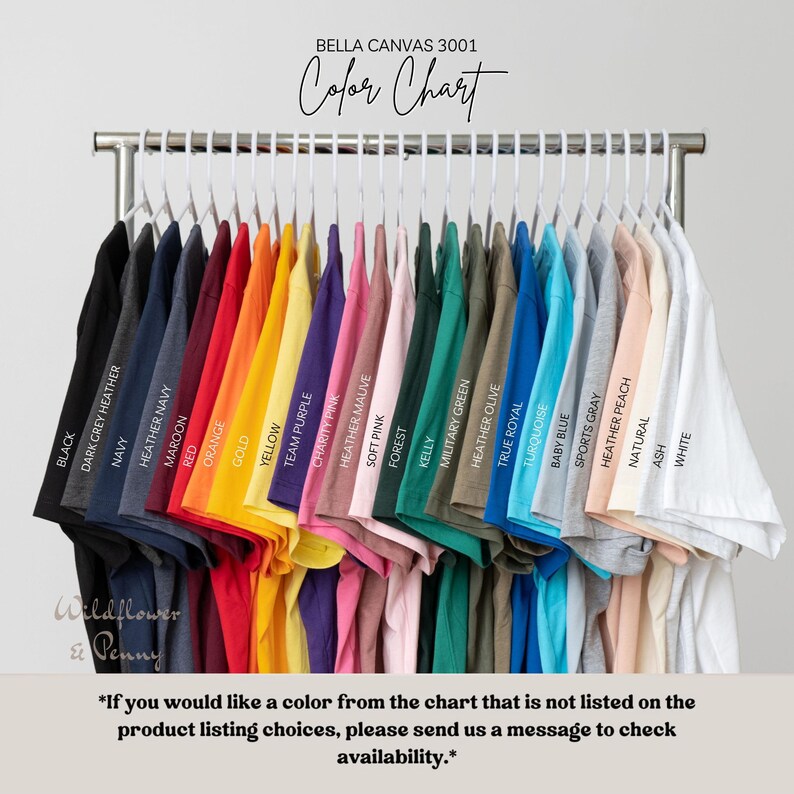 Puede incluir: Carta de colores para camisetas Bella Canvas 3001, que muestra una variedad de colores, incluyendo negro, azul marino, rojo, naranja, amarillo, rosa, verde, azul, gris y blanco.