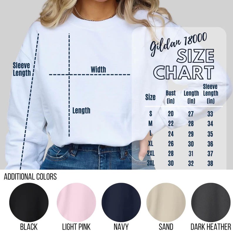 Op de afbeelding: Een wit Gildan 18000 sweatshirt met een maattabel die de buste, lengte en mouwlengte in inches weergeeft voor de maten S tot 3XL. Hieronder staan vijf cirkelvormige kleurstaaltjes, gelabeld als black, light pink, navy, sand, dark heather.