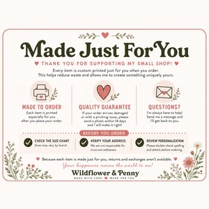 Op de afbeelding: Een rechthoekige informatiekaart met een cr&egrave;mekleurige achtergrond en bloemaccenten. De tekst luidt: Made Just For You, Thank You For Supporting My Small Shop, Made To Order, Quality Guarantee, Questions, Before You Order en Wildflower & Penny.