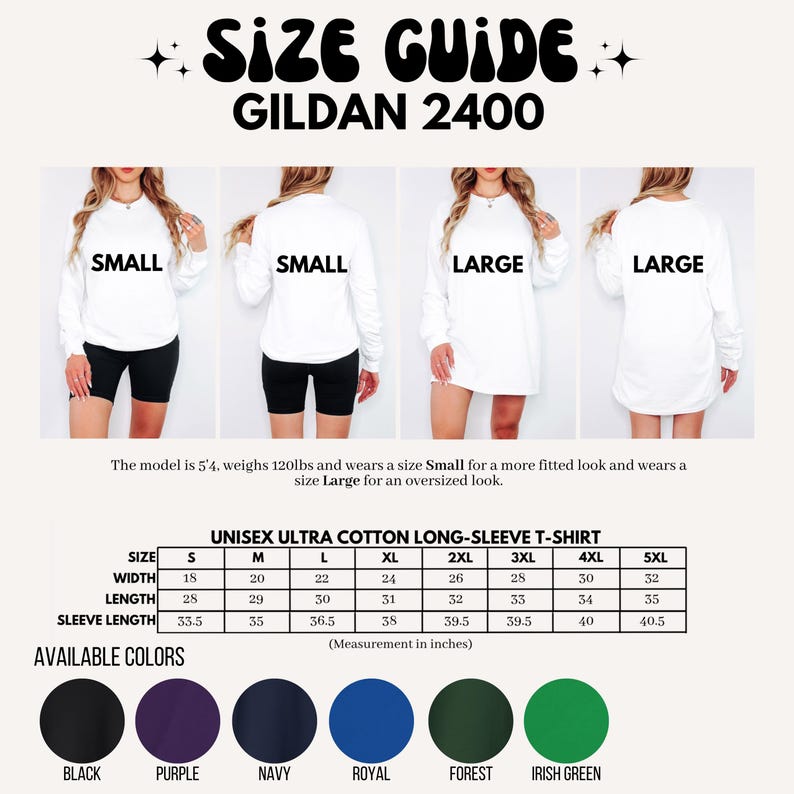 Pu&ograve; includere: Tabella delle taglie per t-shirt a maniche lunghe in cotone ultra unisex Gildan 2400. La tabella mostra le misure in pollici per larghezza, lunghezza e lunghezza della manica per le taglie S a 5XL. I colori disponibili includono nero, viola, blu navy, blu reale, verde bosco e verde irlandese.