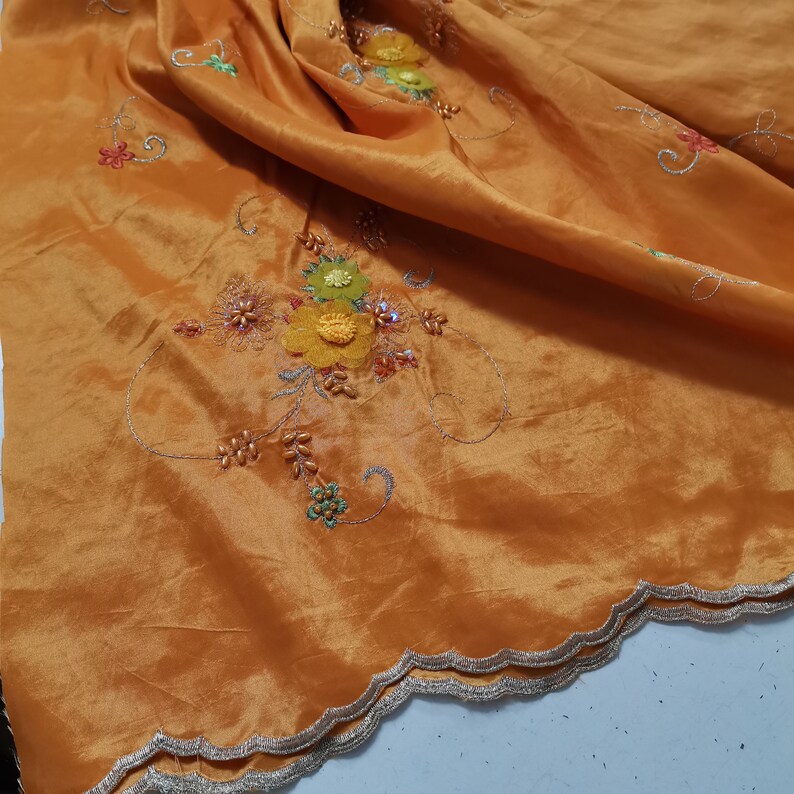 CLEARANCE SALE Embroidered Taffeta Fabric Orange Embroidery Beads