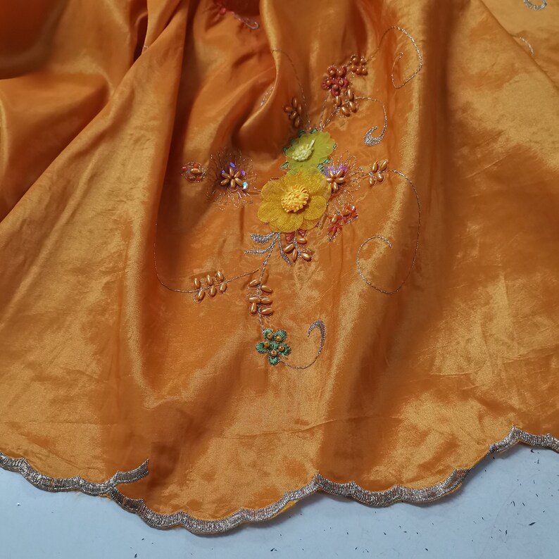 CLEARANCE SALE Embroidered Taffeta Fabric Orange Embroidery Beads