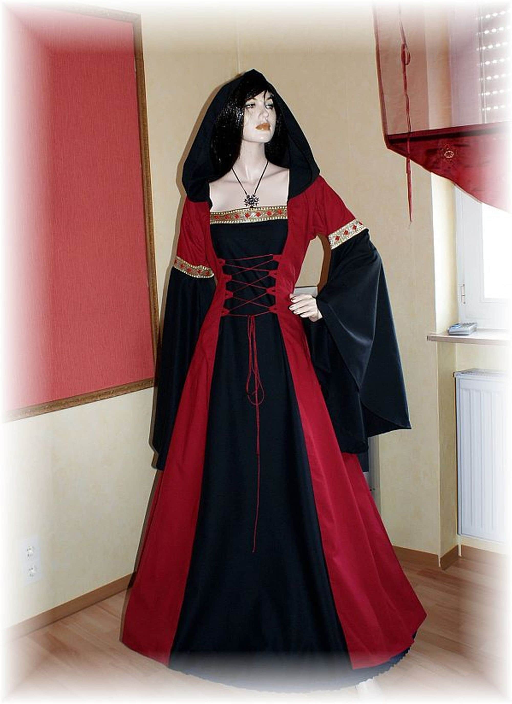 Vestido medieval para mujer, disfraz de princesa renacentista, color rojo y  negro, vestido gótico de terciopelo vintage con manga de trompeta