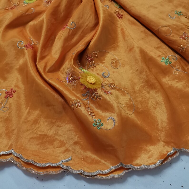 CLEARANCE SALE Embroidered Taffeta Fabric Orange Embroidery Beads