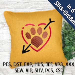 Embroidery file dog paw with arrow in heart in 6 sizes, machine embroidery, embroidery pattern with dog motif
