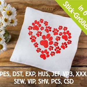 Embroidery file paw heart made of dog paws in 6 sizes, machine embroidery, embroidery pattern with dog motif