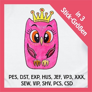 Embroidery file appliqué owl princess in 3 sizes, machine embroidery, embroidery pattern with animal motif