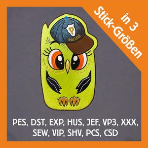 Embroidery file appliqué owl police in 3 sizes, machine embroidery, embroidery pattern with animal motif
