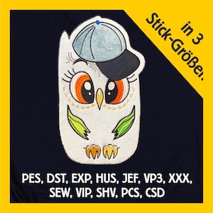 Embroidery file appliqué owl with cap in 3 sizes, machine embroidery, embroidery pattern with animal motif