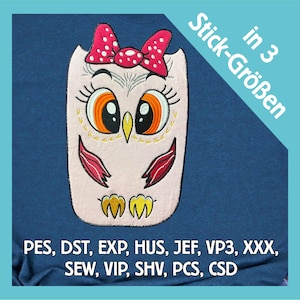 Embroidery file appliqué owl bow in 3 sizes, machine embroidery, embroidery pattern with animal motif