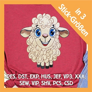 Könnte beinhalten: Stickdatei eines niedlichen Cartoon-Schafs mit großen blauen Augen und einem Lächeln. Das Design ist in drei Größen und in mehreren Stickdateiformaten erhältlich, darunter PES, DST, EXP, HUS, JEF, VP3, XXX, SEW, VIP, SHV, PCS und CSD.