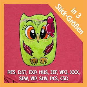 Embroidery file appliqué owl flower in 3 sizes, machine embroidery, embroidery pattern with animal motif
