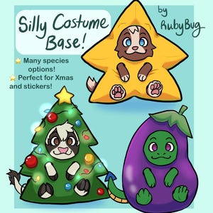May include: Cartoon illustration of three animal costumes: a star, a Christmas tree, and an aubergine. The star costume is yellow with a dog inside. The Christmas tree costume has a raccoon inside, and the aubergine costume has a green dragon tail. Text reads "Silly Costume Base!" and "by RubyBug."