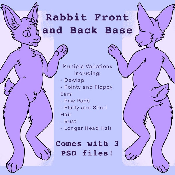 Rabbit Front and Back Furry Base (P2U Anthro Bunny Fursona Ref Sheet Adopt Adoptable Fill In)