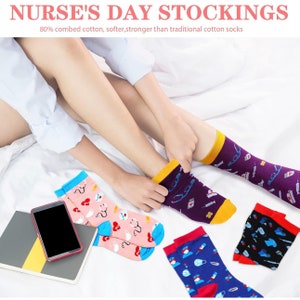 May include: Four pairs of colorful socks with a medical theme. The socks feature images of stethoscopes, bandages, pills, and other medical symbols. The socks are made of 80% combed cotton.