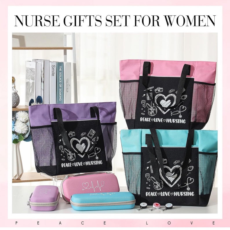 May include: A set of three black tote bags with mesh pockets and a white graphic that says "Peace Love Nursing" with a heart and medical symbols. The bags are in purple, pink, and teal. There are also two small pink and blue cases with a heart and EKG line graphic.