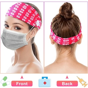 May include: Pink headband with a white medical symbol pattern. The headband has a button on the side to hold a face mask. The headband is shown on a model wearing a gray face mask. The headband is also shown on a model from the back.