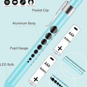 May include: A light blue medical penlight with a pocket clip, a pupil gauge, and an LED bulb. The penlight is powered by two AAA batteries. The text "COMPONENTS" is at the top of the image.
