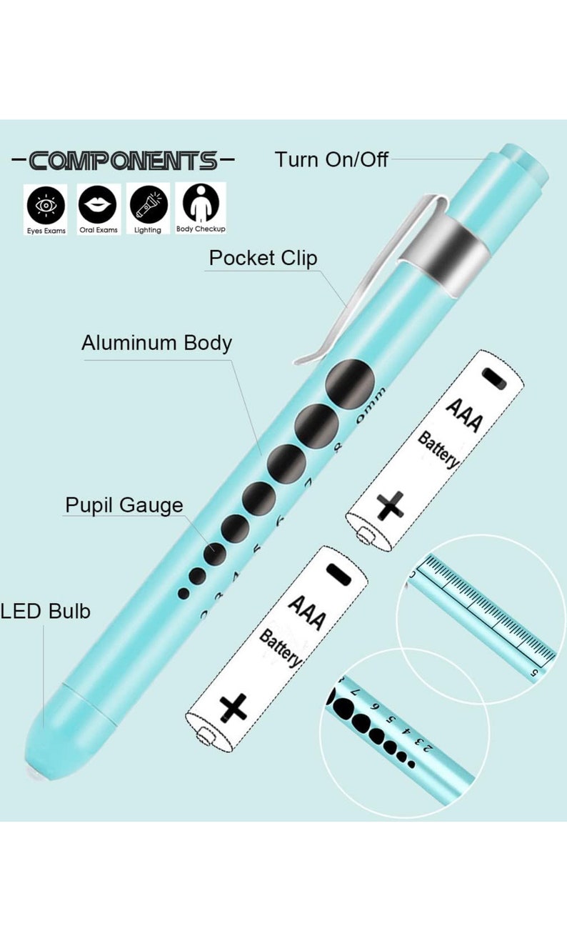 May include: A light blue medical penlight with a pocket clip, a pupil gauge, and an LED bulb. The penlight is powered by two AAA batteries. The text "COMPONENTS" is at the top of the image.