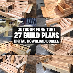 May include: A digital download bundle of 27 outdoor furniture build plans featuring various wooden benches, chairs, and tables. The image displays multiple designs including a bench with a center console, a picnic table, and a corner seat.