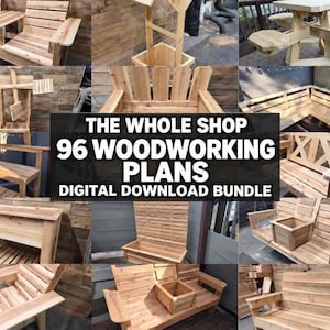Peut inclure: Un ensemble de téléchargement numérique comprenant 96 plans de menuiserie pour divers meubles en cèdre, tels que des bancs, des tables et des jardinières. L'image présente un collage de projets en bois finis avec le texte THE WHOLE SHOP 96 WOODWORKING PLANS DIGITAL DOWNLOAD BUNDLE.