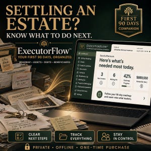 Executor Checklist Planner, Estate Settlement Tracker, When A Parent Dies Organizer, Probate Planner, First 90 Days Estate App