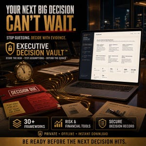 May include: A digital product advertisement for the Executive Decision Vault featuring a laptop displaying a dashboard, a red folder labelled Decision Due, a gold clock, and text including Your Next Big Decision Can't Wait, 30+ Frameworks, and Secure Decision Record.