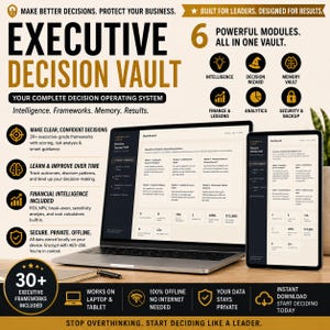 May include: A laptop and tablet displaying the Executive Decision Vault dashboard, featuring six modules: Intelligence, Decision Wizard, Memory Vault, Finance & Lessons, Analytics, and Security & Backup. The interface includes frameworks, scoring, and risk analysis tools.