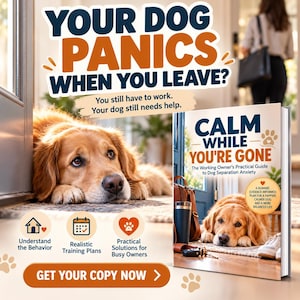 May include: A book titled Calm While You're Gone: The Working Owner's Practical Guide to Dog Separation Anxiety. The cover features a golden dog lying on a floor, a brown bag, and a tumbler. Text includes: Your Dog Panics When You Leave?
