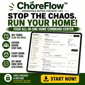 Op de afbeelding: Een digitale interface voor ChoreFlow, een hulpmiddel voor huishoudelijk beheer, weergegeven op een tabletscherm. De lay-out bevat een dashboard met takenlijsten, planningsopties en navigatiemenu's. De tekst bevat 'STOP THE CHAOS. RUN YOUR HOME!' en 'START NOW!' met iconen voor planning, delen en organisatie.