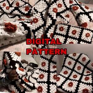 May include: A crochet blanket pattern featuring a black and white granny square design with red flower accents. The pattern is available as a digital download. "DIGITAL PATTERN" is written in white text on a black background.