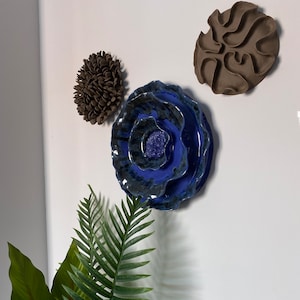 Blue Ceramic Wall Sculpture: Handmade White Clay Flower Decor